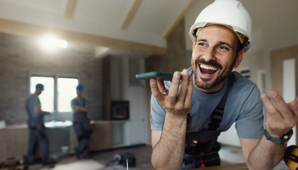 Artisan heureux accoudé sur un bureau, qui dicte un devis à son app BIM! by Cegid