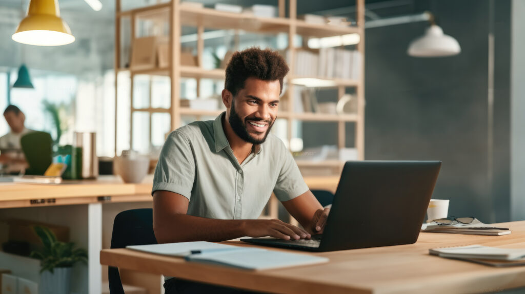 Businessman planning and in communication with people on the internet at new office.