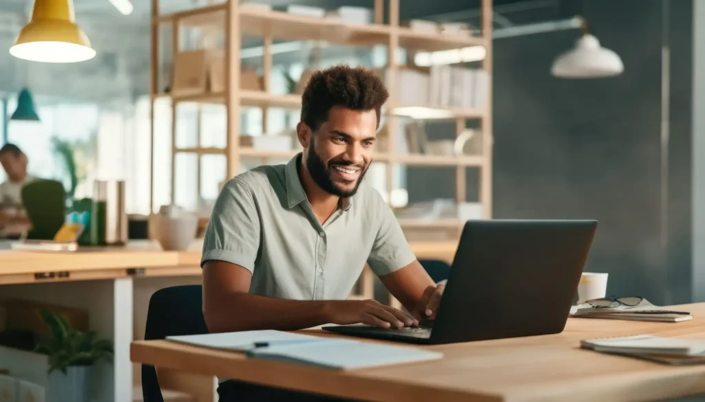 Homme souriant dans un bureau moderne style scandinave, devant son ordinateur