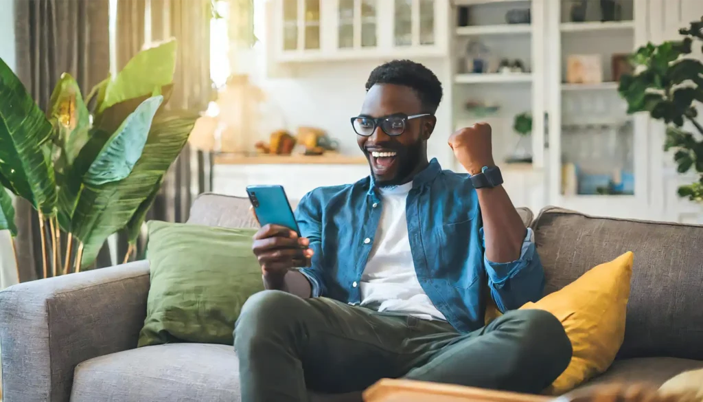 Homme enthousiaste tenant un smartphone d'une main et faisant un geste de oui avec le poing serré de l'autre