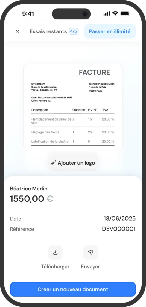 Mockup mobile d’une interface d’édition de devis et factures.