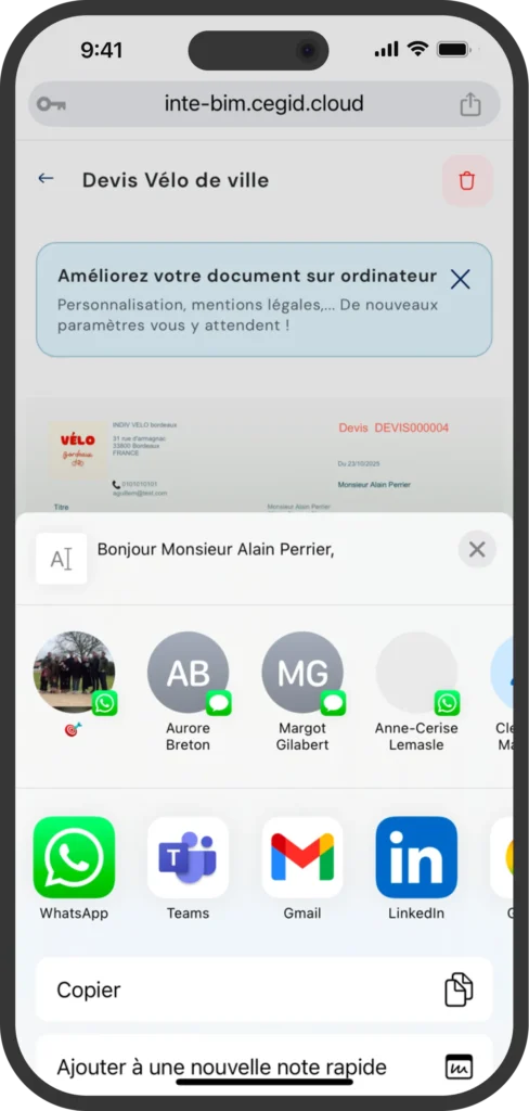 Mockup mobile d’une interface d’édition de devis et factures, avec un focus pour le partager par whatsapp, mail, teams etc.