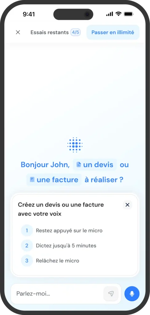 Mockup mobile d’une interface d’édition de devis et factures, accès sur la dictée vocale.