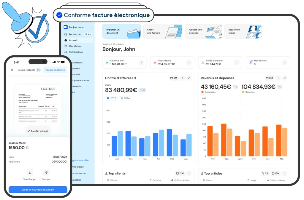 Mockup mobile d’une interface d’édition de devis et factures, accompagné d’un mockup desktop du tableau de bord, avec un macaron “Conforme facture électronique” en haut à gauche.