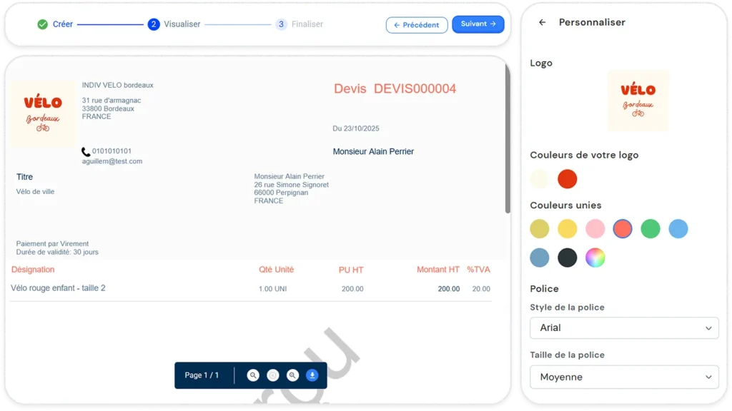 Mockup desktop d’une interface d’édition et personnalisation de devis et factures.