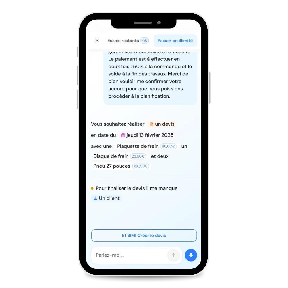 Mockup de l'application mobile montrant le chat et la dictée vocale.