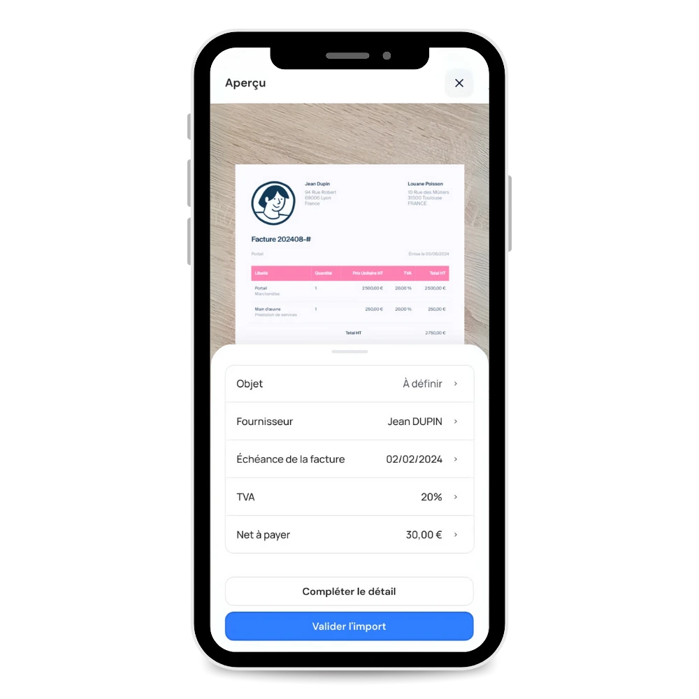 Mockup de l'application mobile montrant l'import photo d'une facture.
